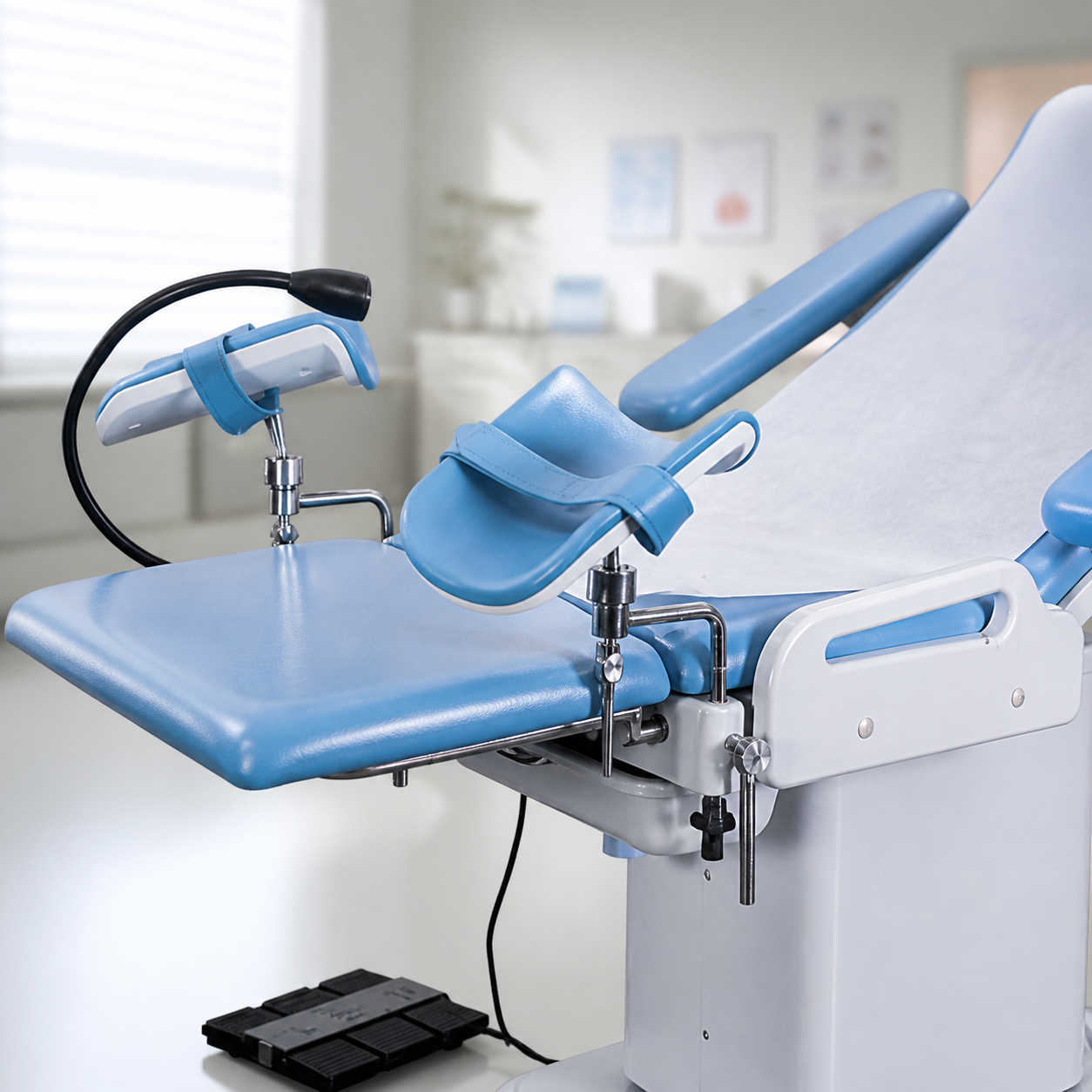 Gynecology examination table in a clean clinic room