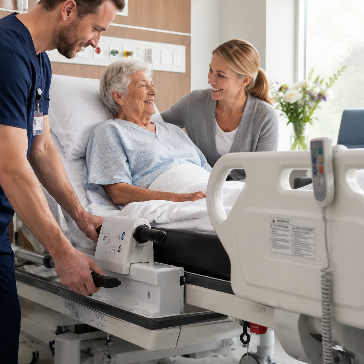 Caregiver and family member supporting a patient in a hospital room