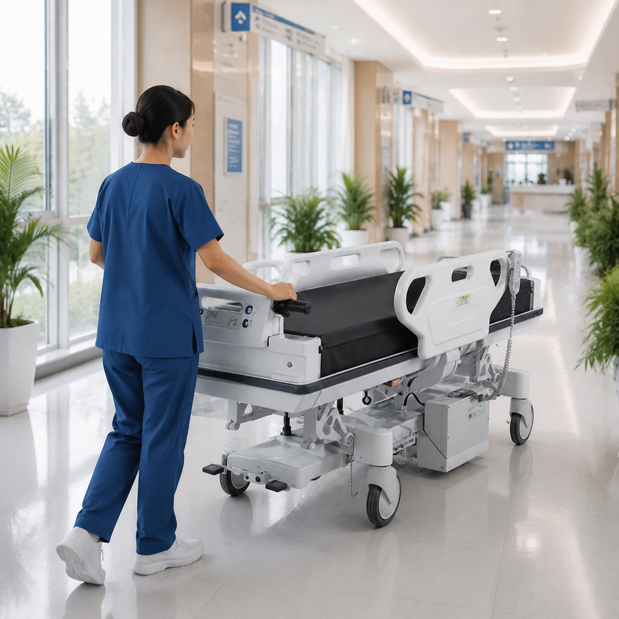 Nurse moving an electric patient transfer stretcher in a bright hospital corridor