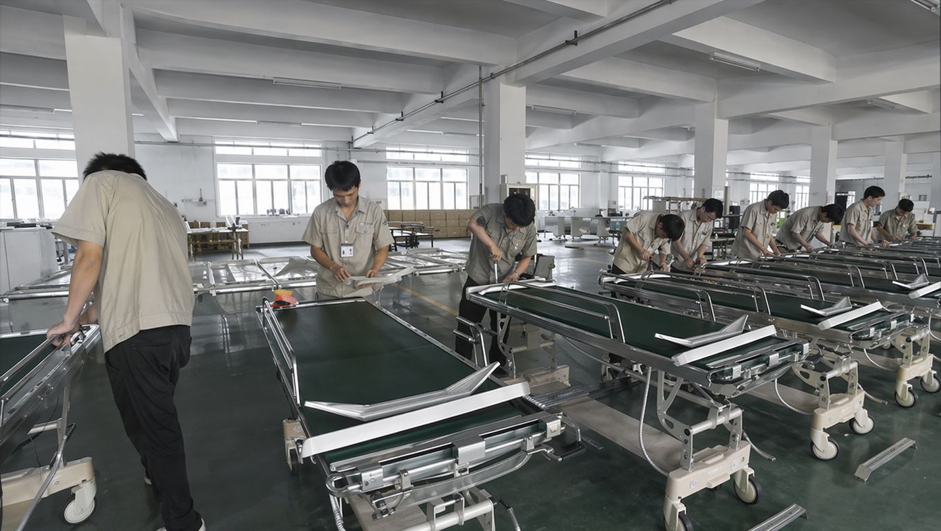 Caregiver using an electric patient transfer stretcher in a hospital room